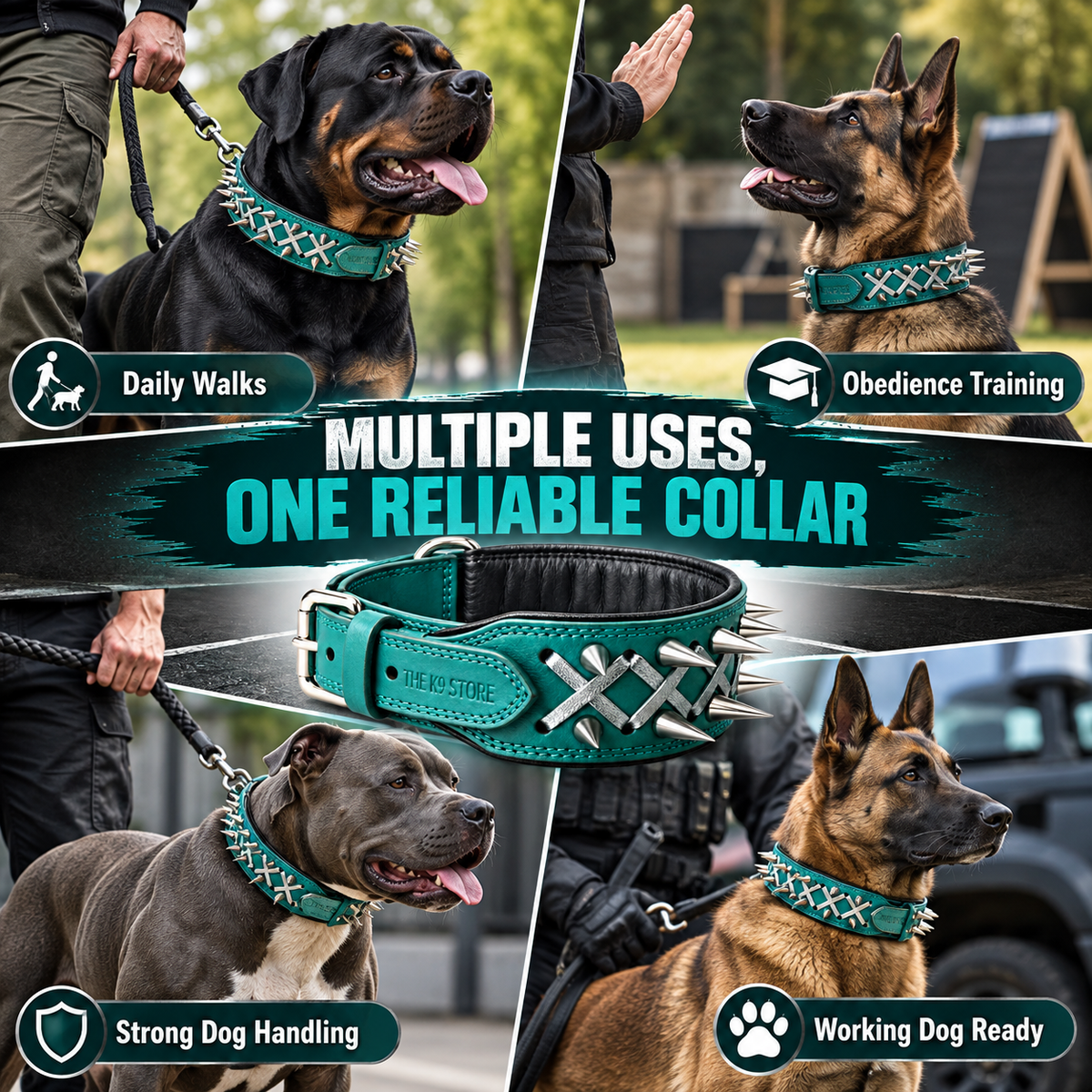 Teal Spiked Real Leather Dog Collar – 2.25" Wide Padded Heavy-Duty Collar for Large Breeds