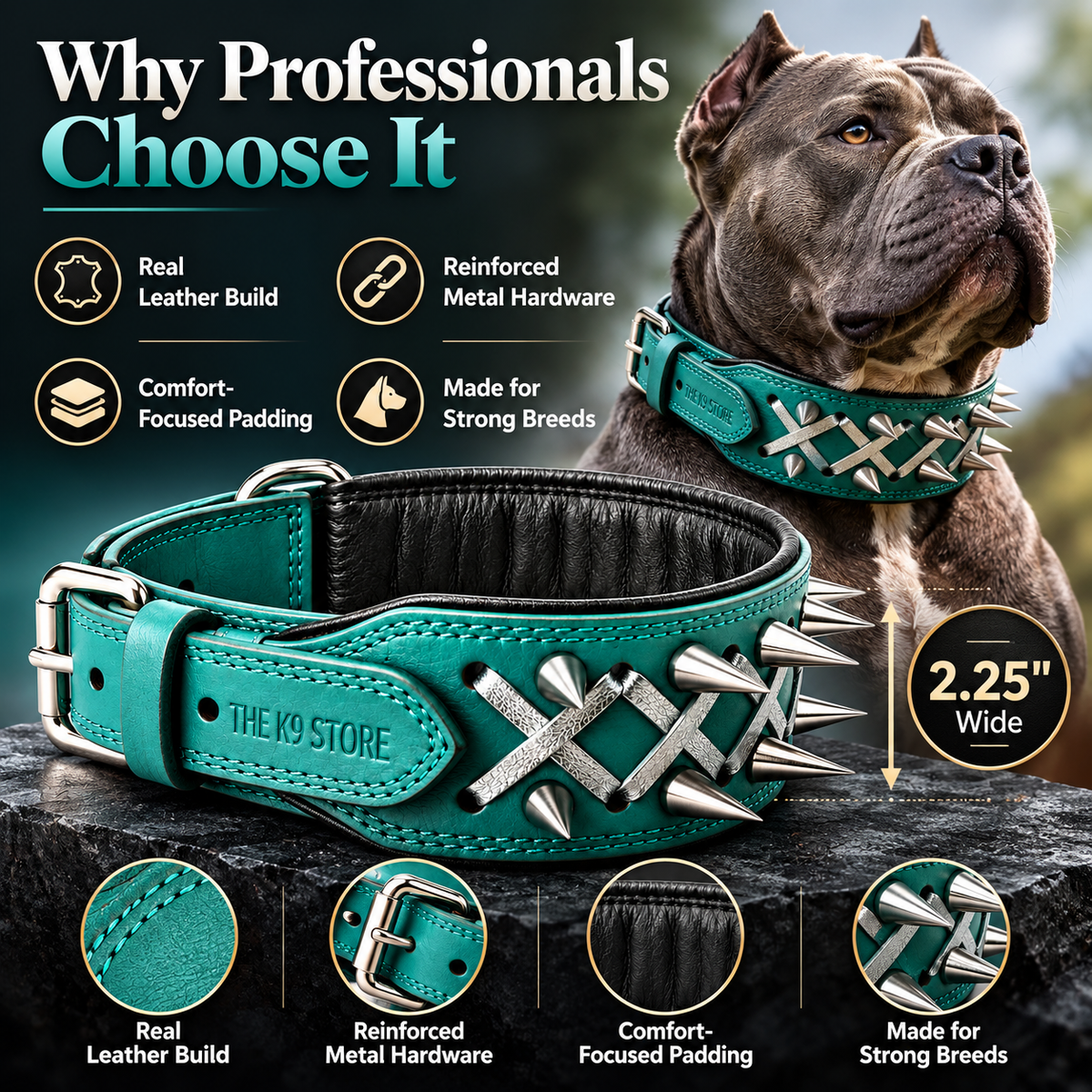 Teal Spiked Real Leather Dog Collar – 2.25" Wide Padded Heavy-Duty Collar for Large Breeds