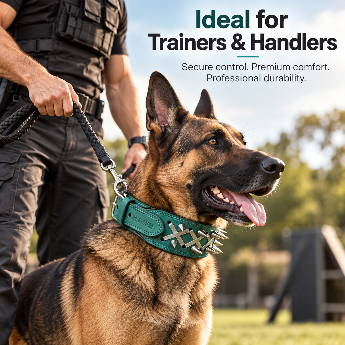 Teal Spiked Real Leather Dog Collar – 2.25" Wide Padded Heavy-Duty Collar for Large Breeds