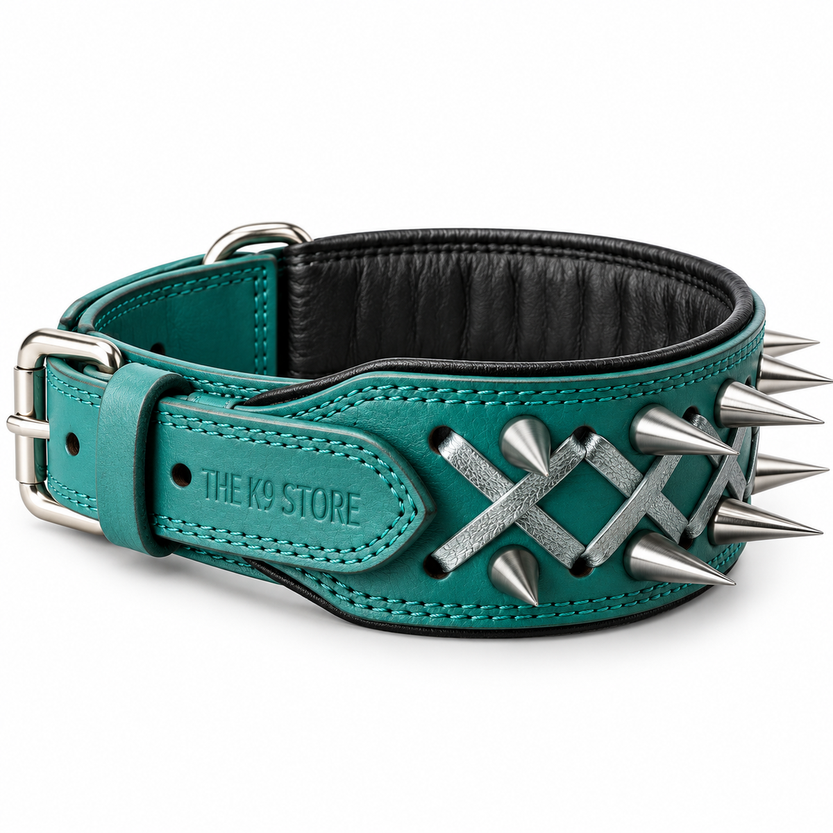 Teal Spiked Real Leather Dog Collar – 2.25" Wide Padded Heavy-Duty Collar for Large Breeds
