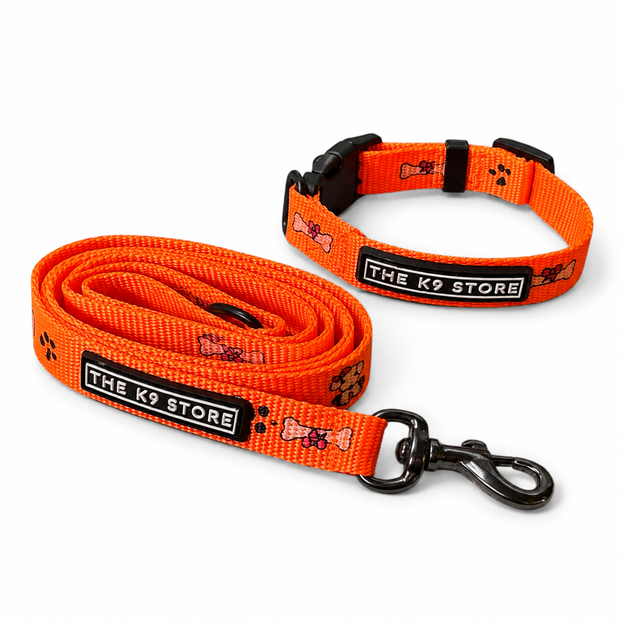 K9 Nylon Dog Collar & Leash Combo | Orange Paw & Bone Print | Anti-Lock Buckle | Super Soft | For Cats, Kittens & Puppies | The K9 Store