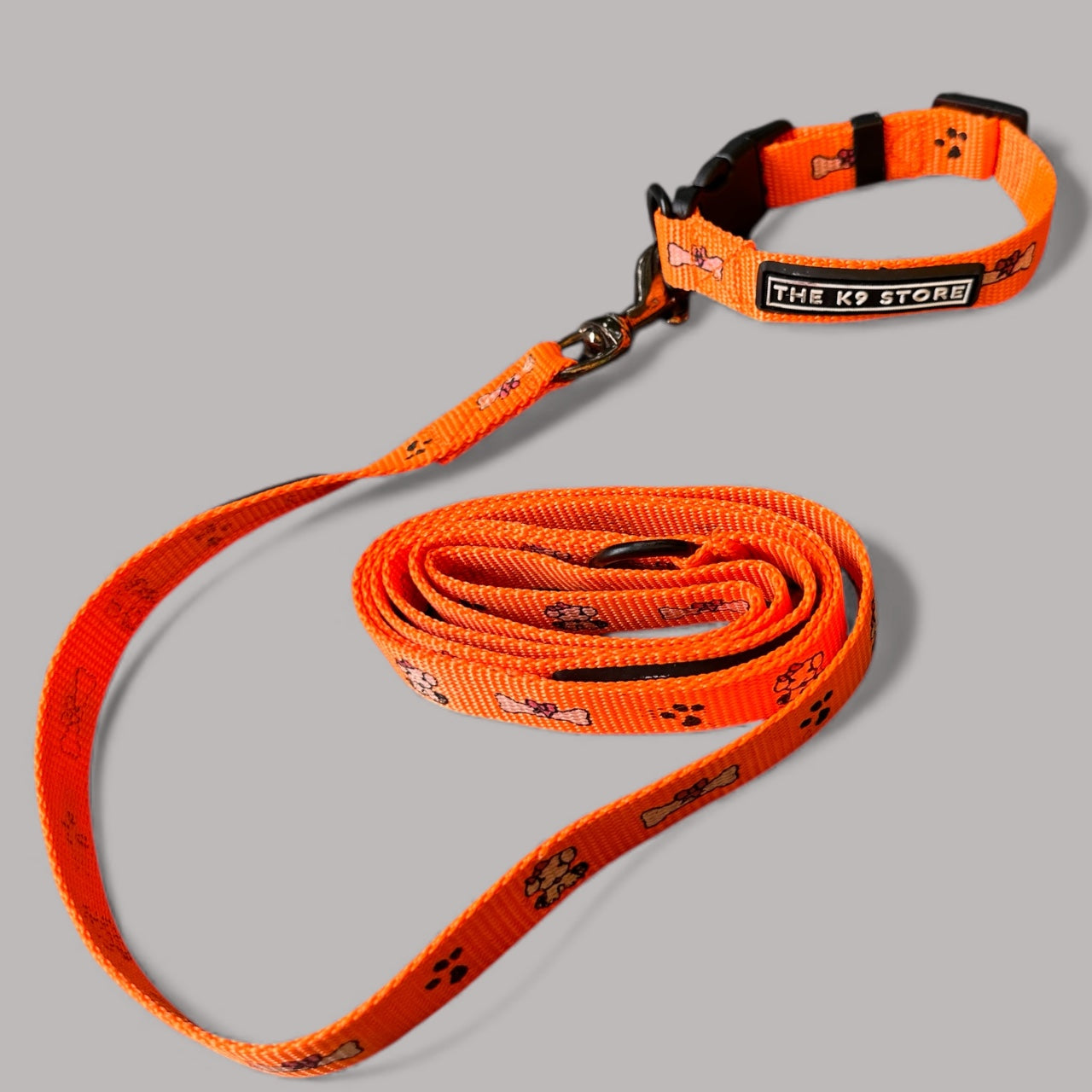 K9 Nylon Dog Collar & Leash Combo | Orange Paw & Bone Print | Anti-Lock Buckle | Super Soft | For Cats, Kittens & Puppies | The K9 Store