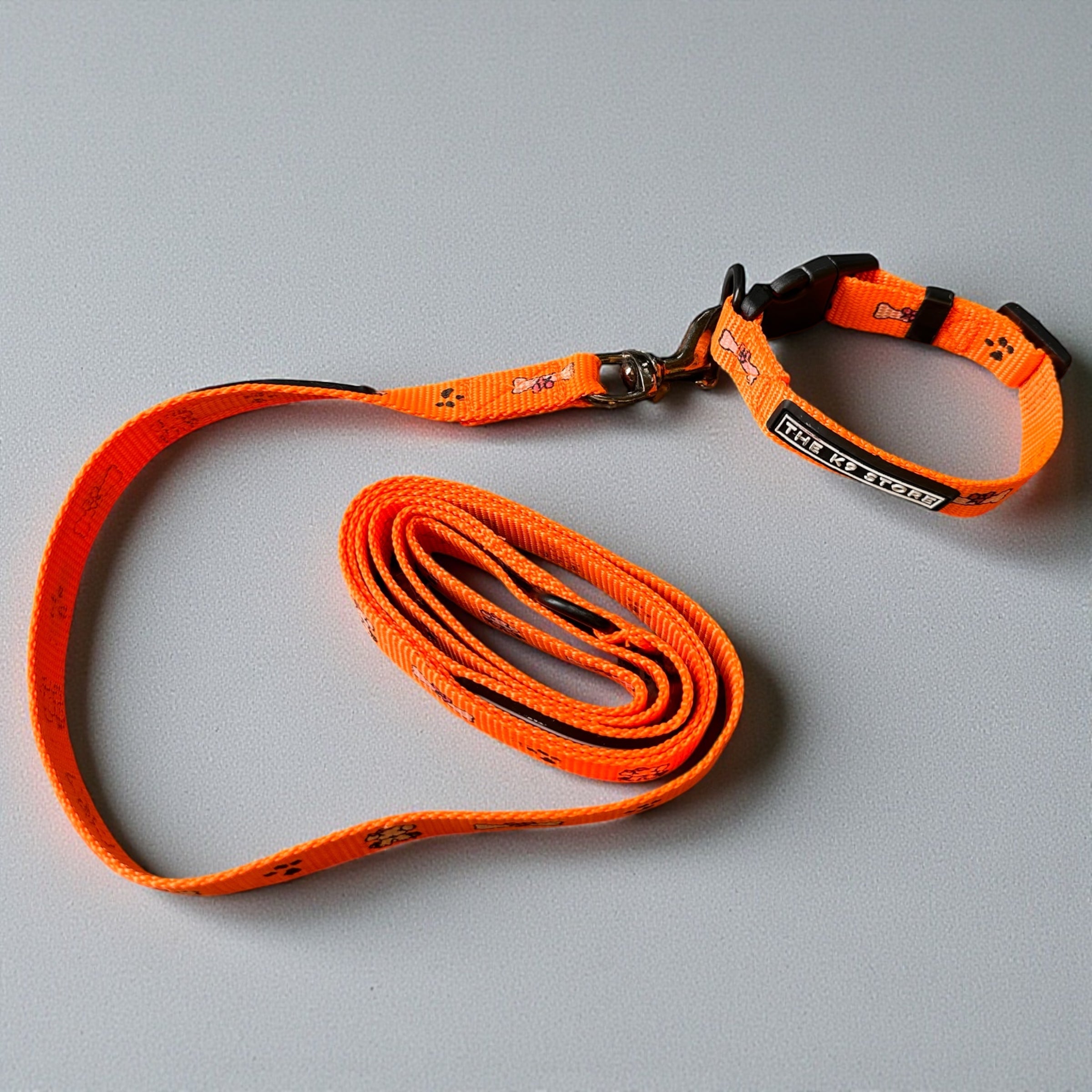 K9 Nylon Dog Collar & Leash Combo | Orange Paw & Bone Print | Anti-Lock Buckle | Super Soft | For Cats, Kittens & Puppies | The K9 Store