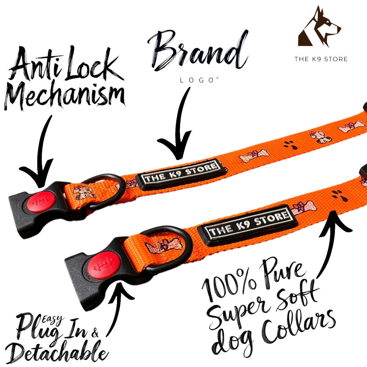 K9 Nylon Dog Collar & Leash Combo | Orange Paw & Bone Print | Anti-Lock Buckle | Super Soft | For Cats, Kittens & Puppies | The K9 Store
