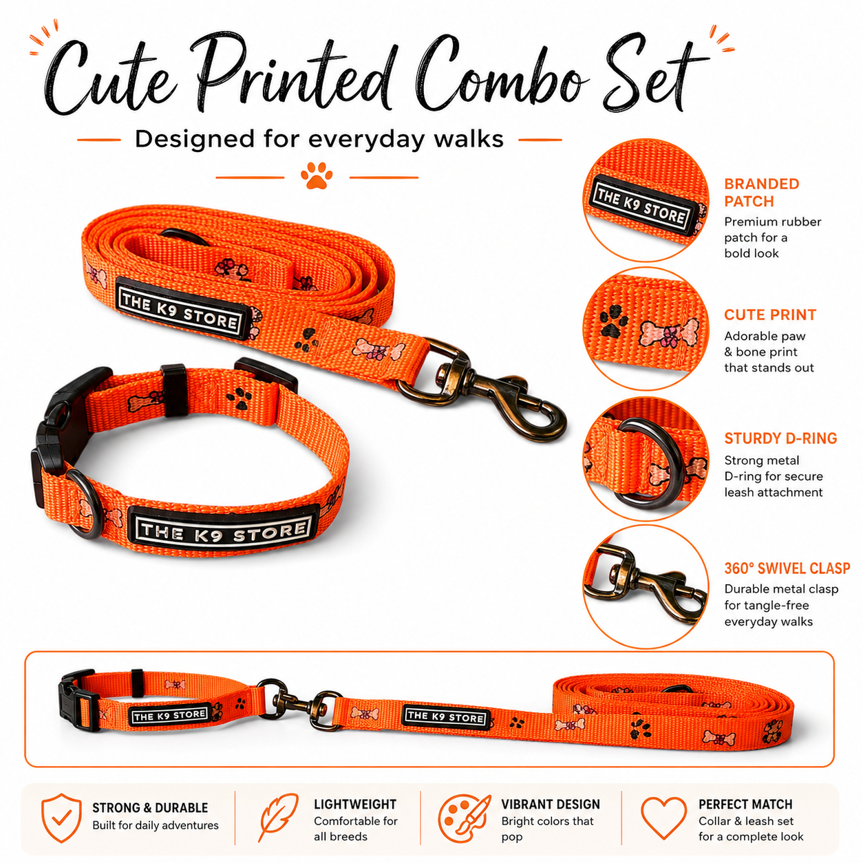 K9 Nylon Dog Collar & Leash Combo | Orange Paw & Bone Print | Anti-Lock Buckle | Super Soft | For Cats, Kittens & Puppies | The K9 Store