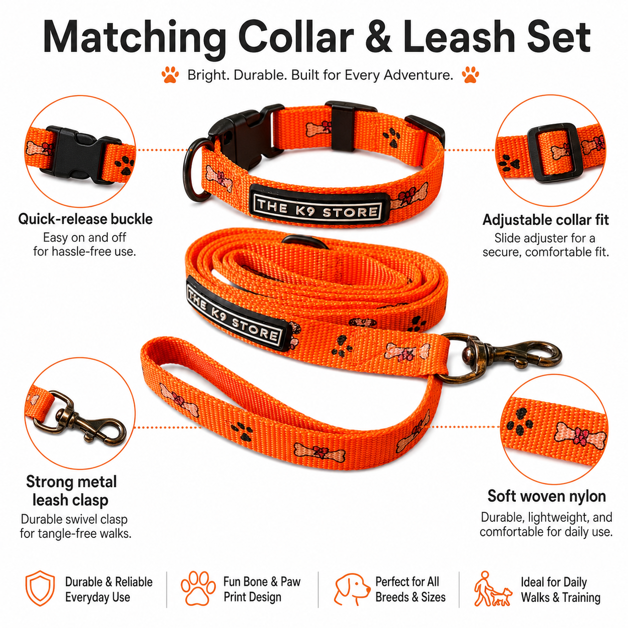 K9 Nylon Dog Collar & Leash Combo | Orange Paw & Bone Print | Anti-Lock Buckle | Super Soft | For Cats, Kittens & Puppies | The K9 Store