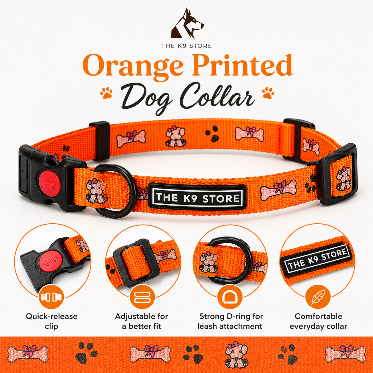 K9 Nylon Dog Collar & Leash Combo | Orange Paw & Bone Print | Anti-Lock Buckle | Super Soft | For Cats, Kittens & Puppies | The K9 Store