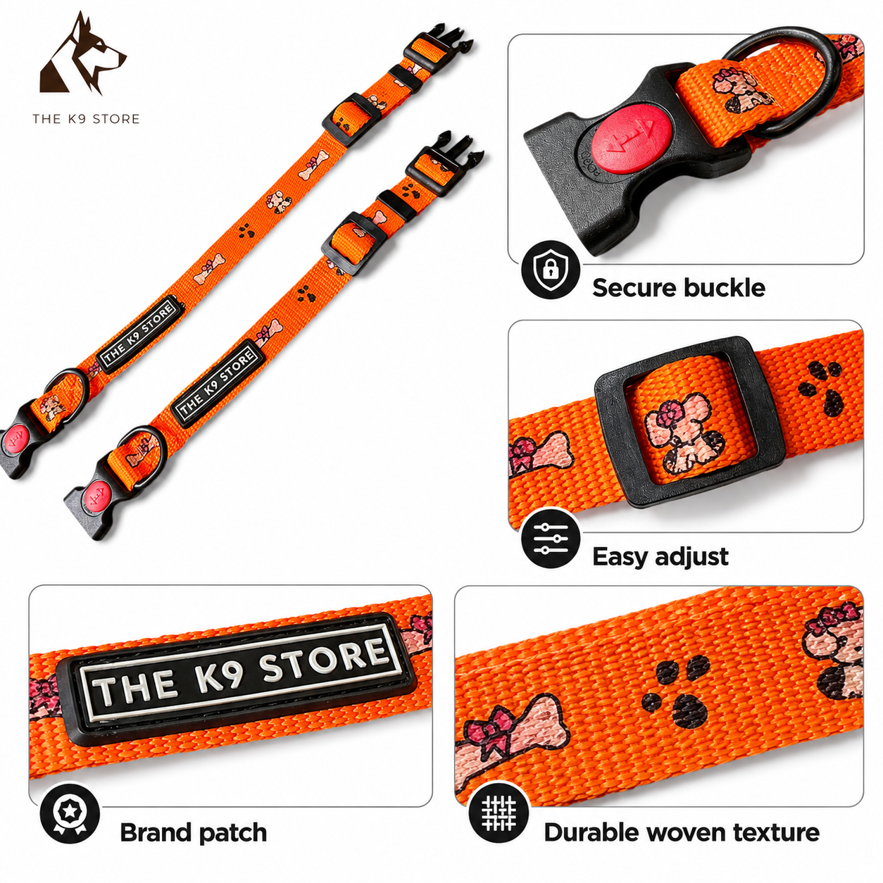 K9 Nylon Dog Collar & Leash Combo | Orange Paw & Bone Print | Anti-Lock Buckle | Super Soft | For Cats, Kittens & Puppies | The K9 Store