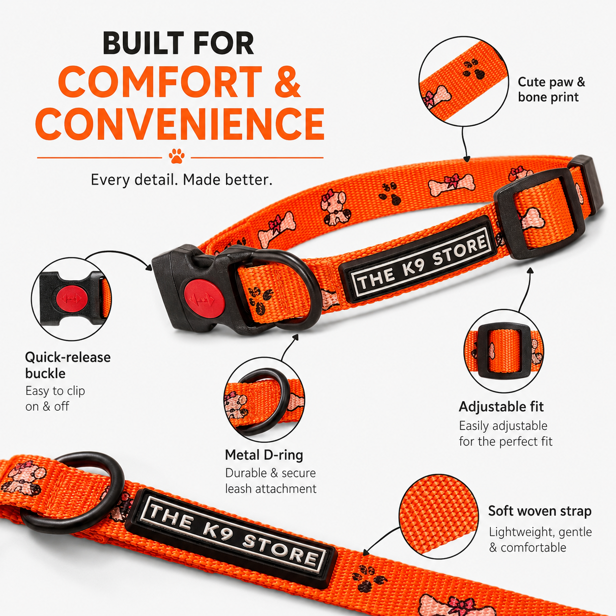 K9 Nylon Dog Collar & Leash Combo | Orange Paw & Bone Print | Anti-Lock Buckle | Super Soft | For Cats, Kittens & Puppies | The K9 Store