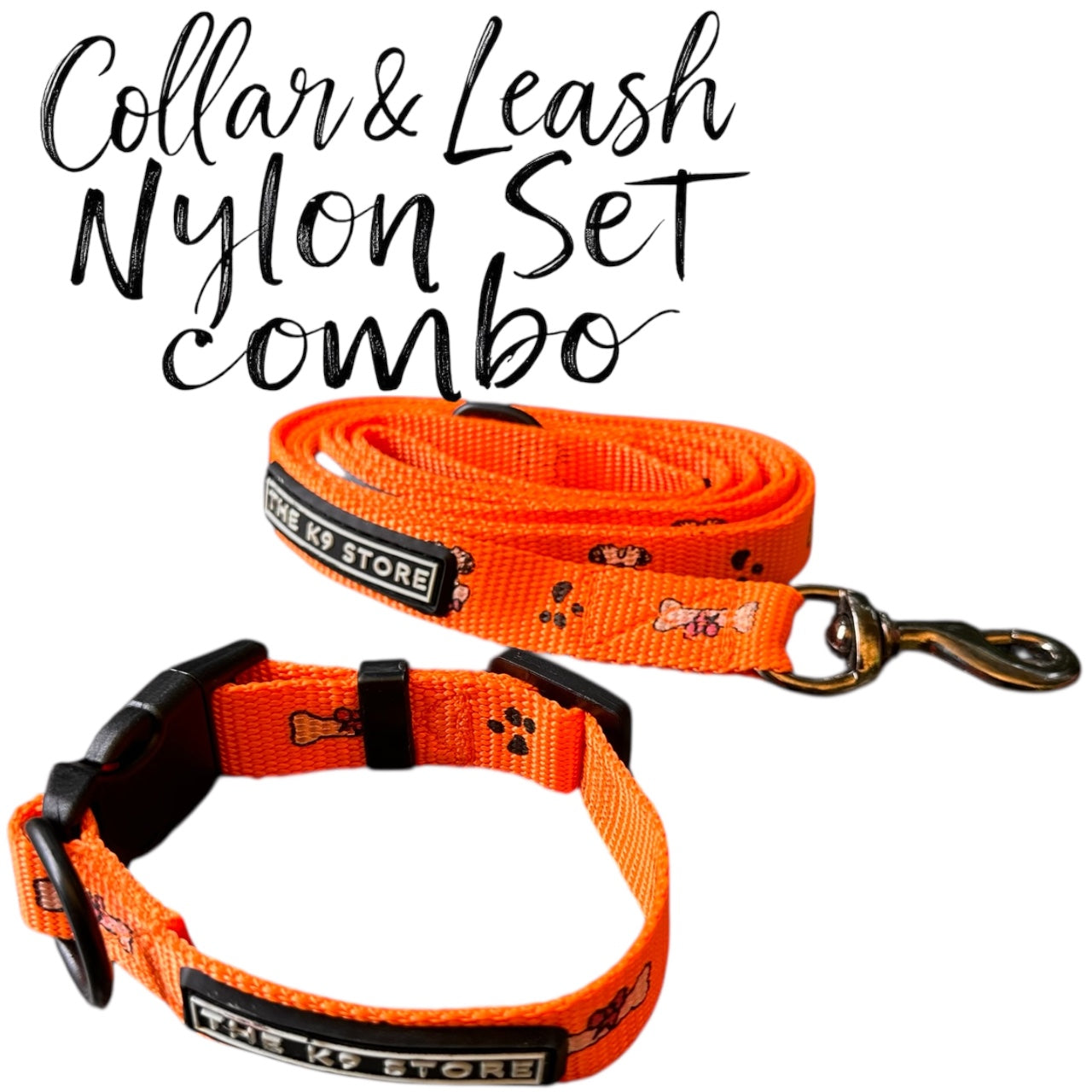 K9 Nylon Dog Collar & Leash Combo | Orange Paw & Bone Print | Anti-Lock Buckle | Super Soft | For Cats, Kittens & Puppies | The K9 Store