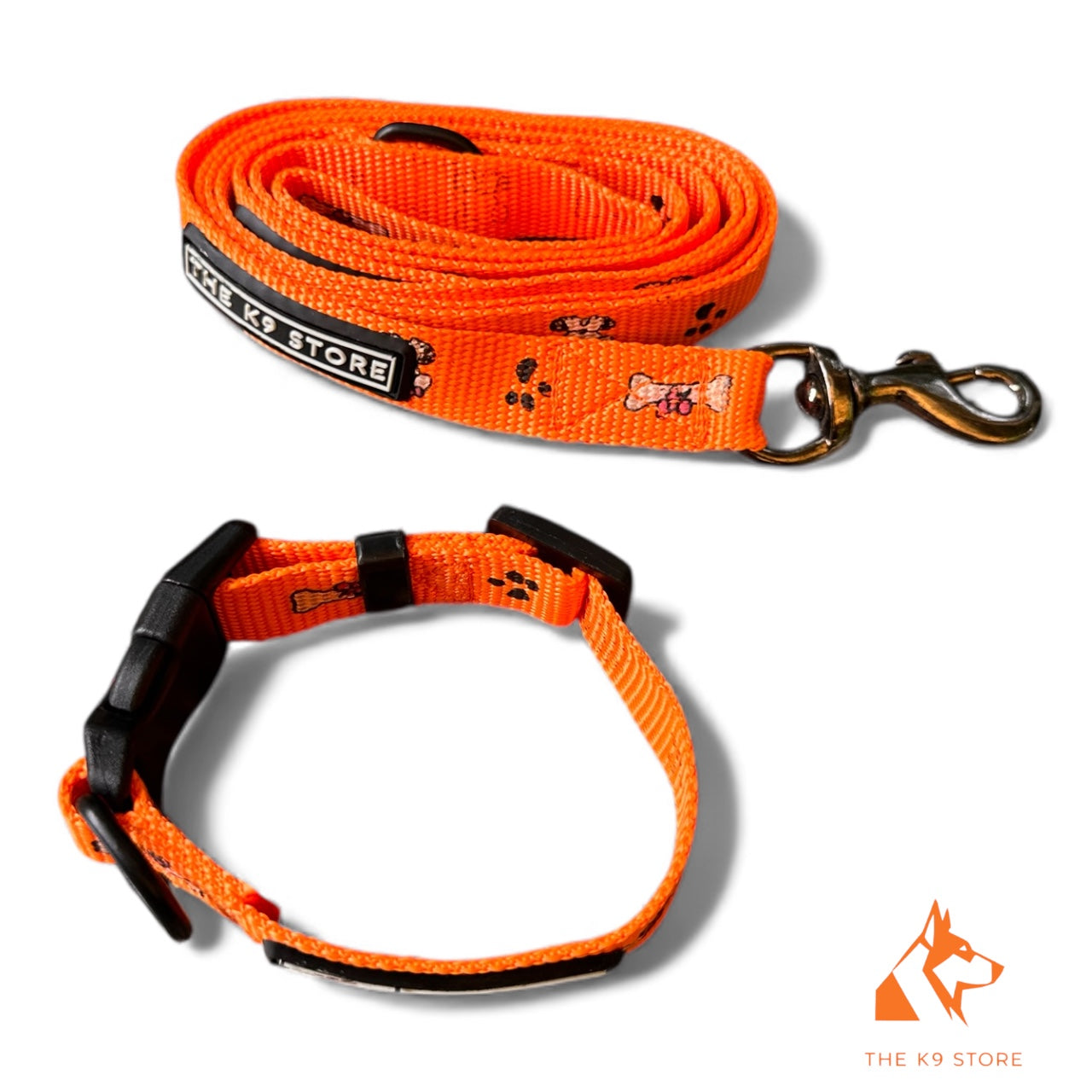 K9 Nylon Dog Collar & Leash Combo | Orange Paw & Bone Print | Anti-Lock Buckle | Super Soft | For Cats, Kittens & Puppies | The K9 Store