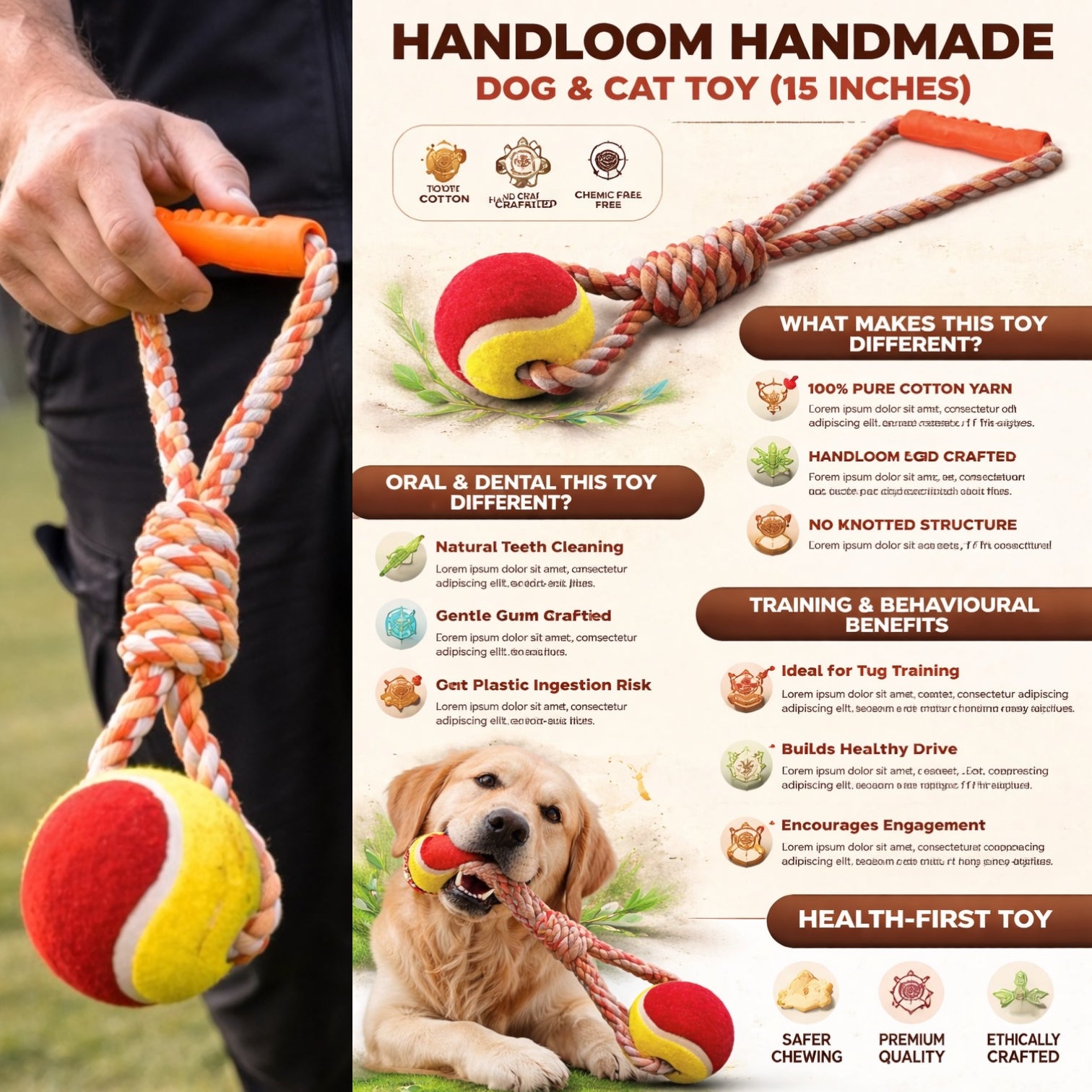 Handloom Handmade Cotton Rope Dog & Cat Tug Toy with Ball – Natural Dental Chew & Training Toy (15 Inches)