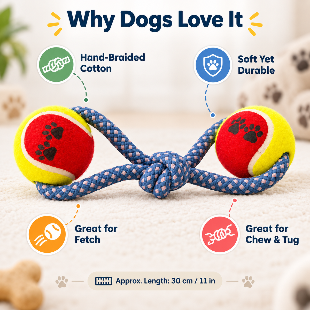 Twin Tennis Ball Cotton Rope Dog Toy – Hand-Braided Tug, Fetch & Chew Toy (30 cm)