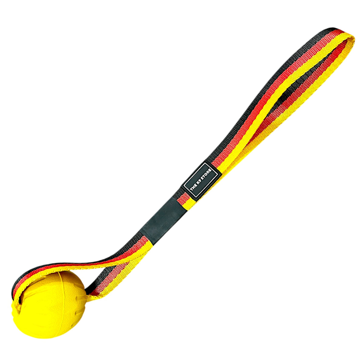 K9 Sport Ball on Rope Dog Toy | Durable Rubber Bite Ball with Handle Strap | Tug, Fetch & Reward Training Toy for Dogs | German Flag Nylon Strap | The K9 Store