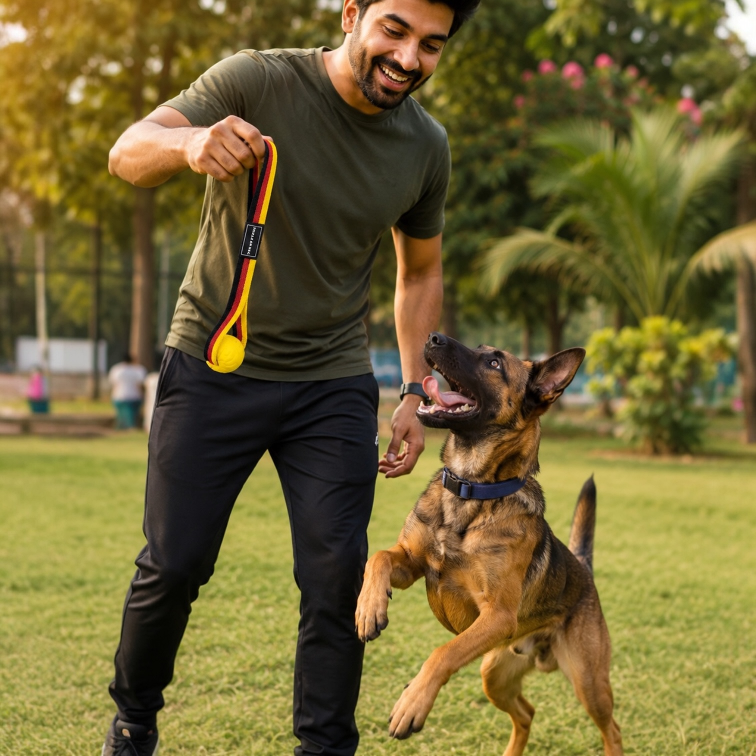 K9 Sport Ball on Rope Dog Toy | Durable Rubber Bite Ball with Handle Strap | Tug, Fetch & Reward Training Toy for Dogs | German Flag Nylon Strap | The K9 Store