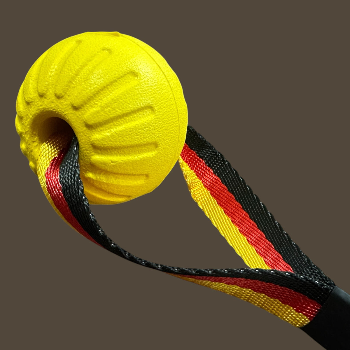 K9 Sport Ball on Rope Dog Toy | Durable Rubber Bite Ball with Handle Strap | Tug, Fetch & Reward Training Toy for Dogs | German Flag Nylon Strap | The K9 Store