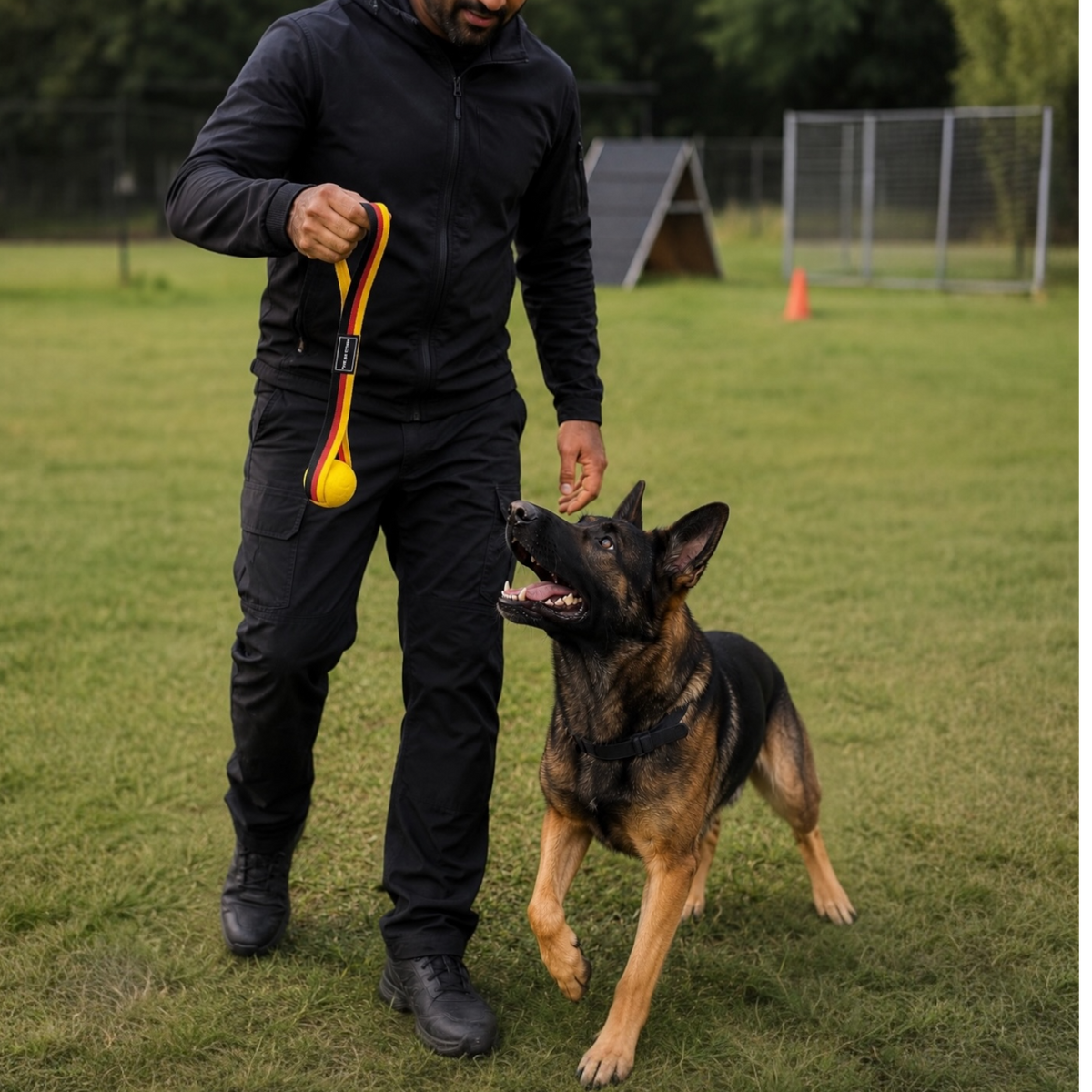 K9 Sport Ball on Rope Dog Toy | Durable Rubber Bite Ball with Handle Strap | Tug, Fetch & Reward Training Toy for Dogs | German Flag Nylon Strap | The K9 Store