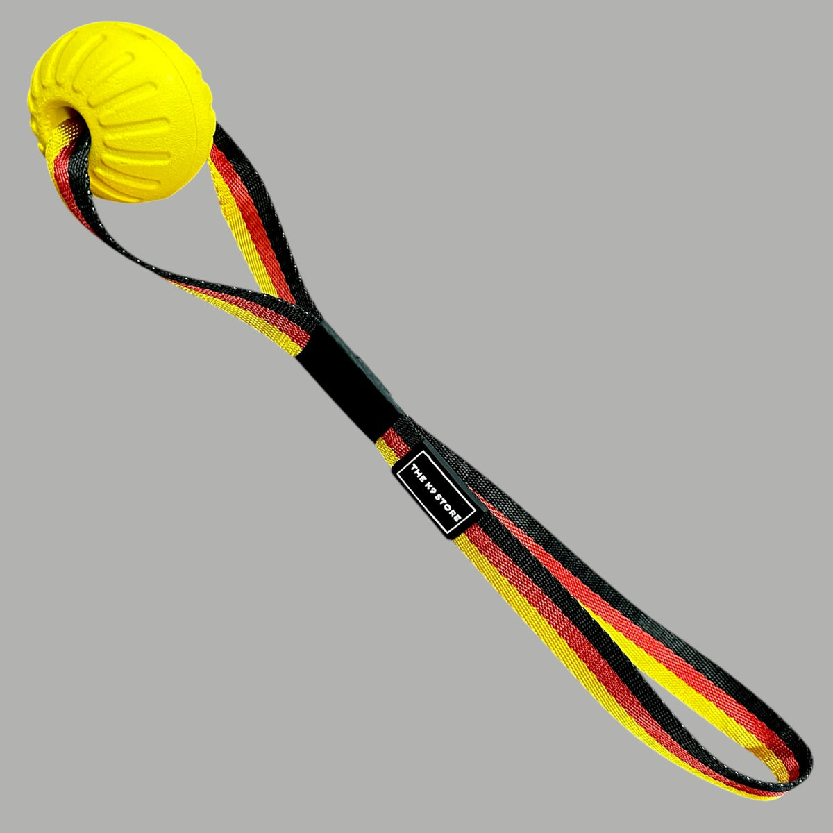 K9 Sport Ball on Rope Dog Toy | Durable Rubber Bite Ball with Handle Strap | Tug, Fetch & Reward Training Toy for Dogs | German Flag Nylon Strap | The K9 Store