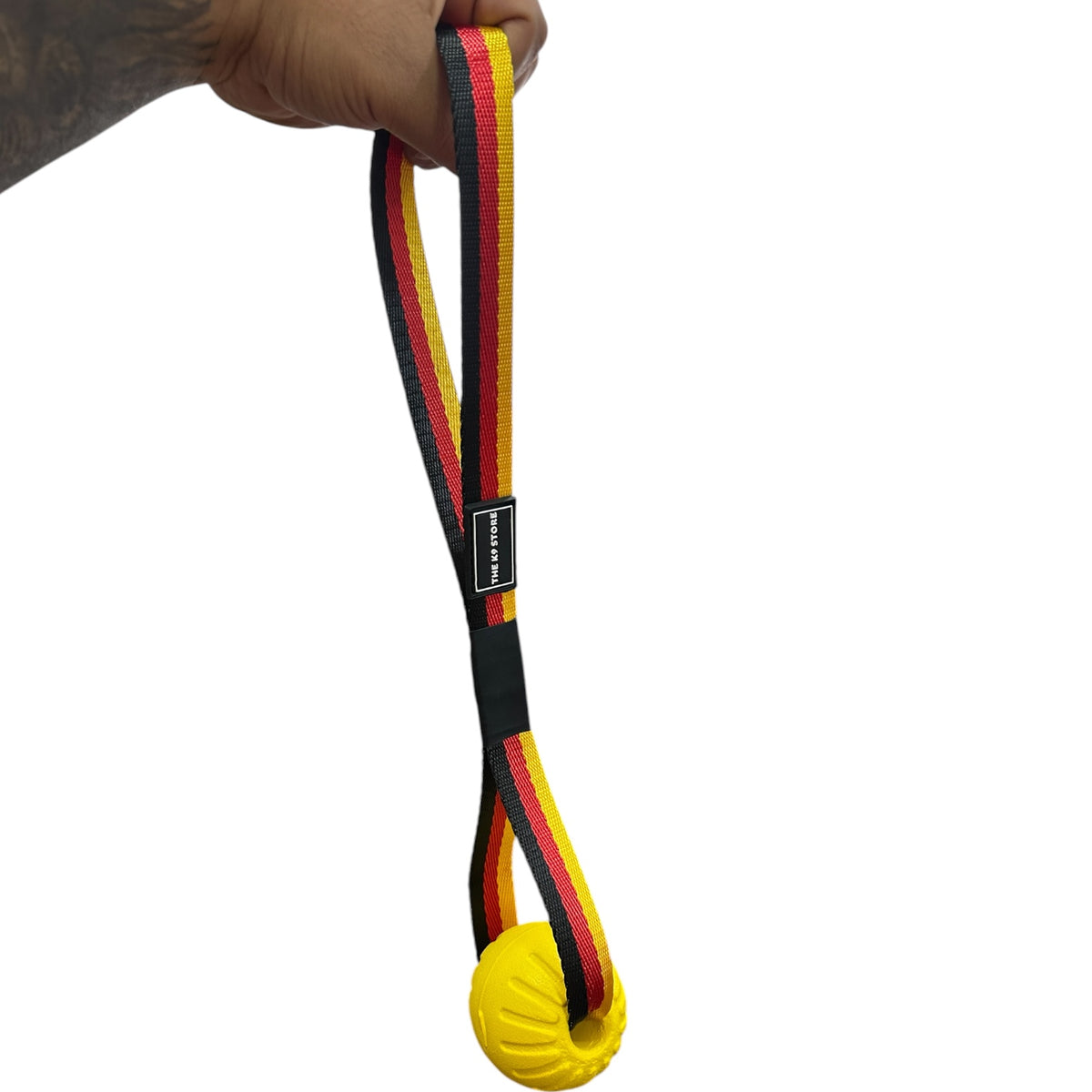 K9 Sport Ball on Rope Dog Toy | Durable Rubber Bite Ball with Handle Strap | Tug, Fetch & Reward Training Toy for Dogs | German Flag Nylon Strap | The K9 Store