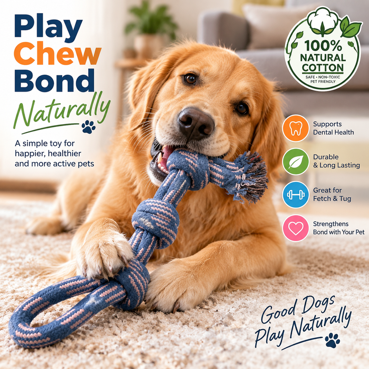 The K9 Stoe Pure Cotton Rope Tug Toy for Dogs & Cats – 3-Knot Loop Rope Toy, 33 cm