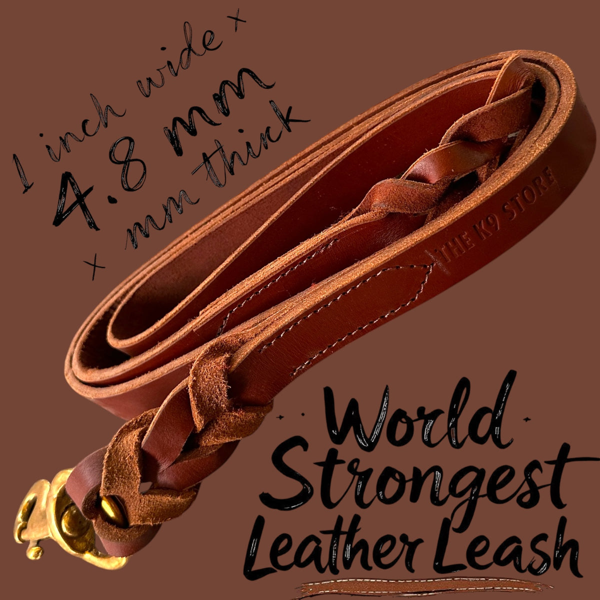 Chocolate Leather Dog Leash with Heavy-Duty Brass Hook | 1 Inch Wide, 5 Feet, Premium Braided Leather | The K9 Store
