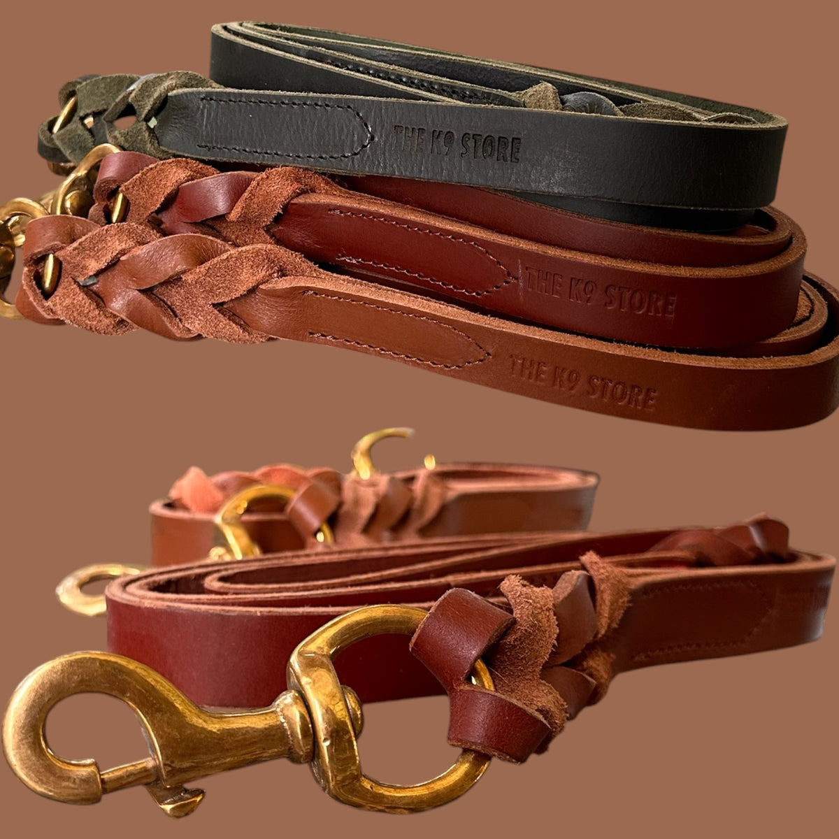 Chocolate Leather Dog Leash with Heavy-Duty Brass Hook | 1 Inch Wide, 5 Feet, Premium Braided Leather | The K9 Store
