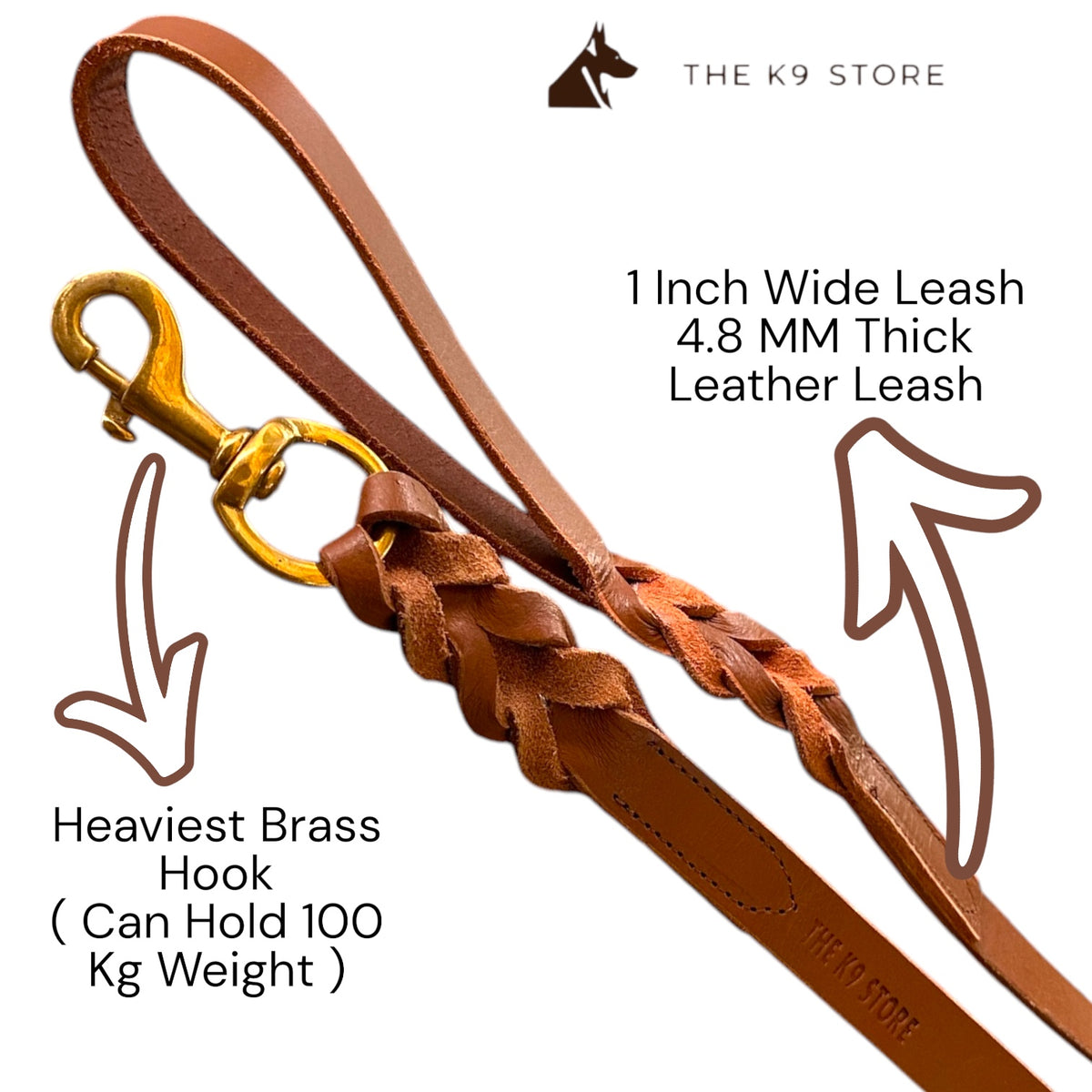 Chocolate Leather Dog Leash with Heavy-Duty Brass Hook | 1 Inch Wide, 5 Feet, Premium Braided Leather | The K9 Store