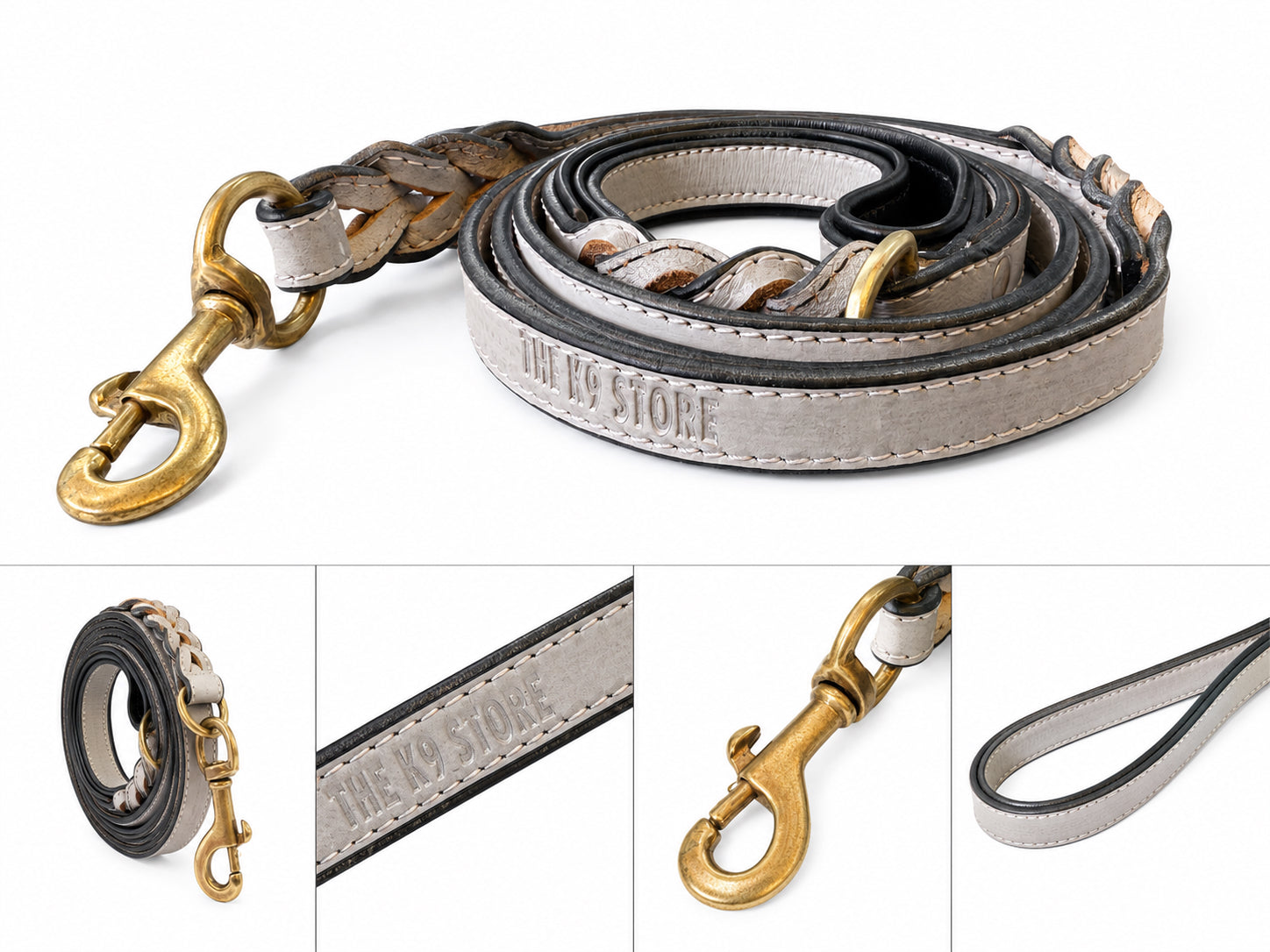 Genuine Leather Dog Leash | Braided Handcrafted Design | Solid Brass Hardware | Soft Cushioned Handle | 6 Feet | Grey