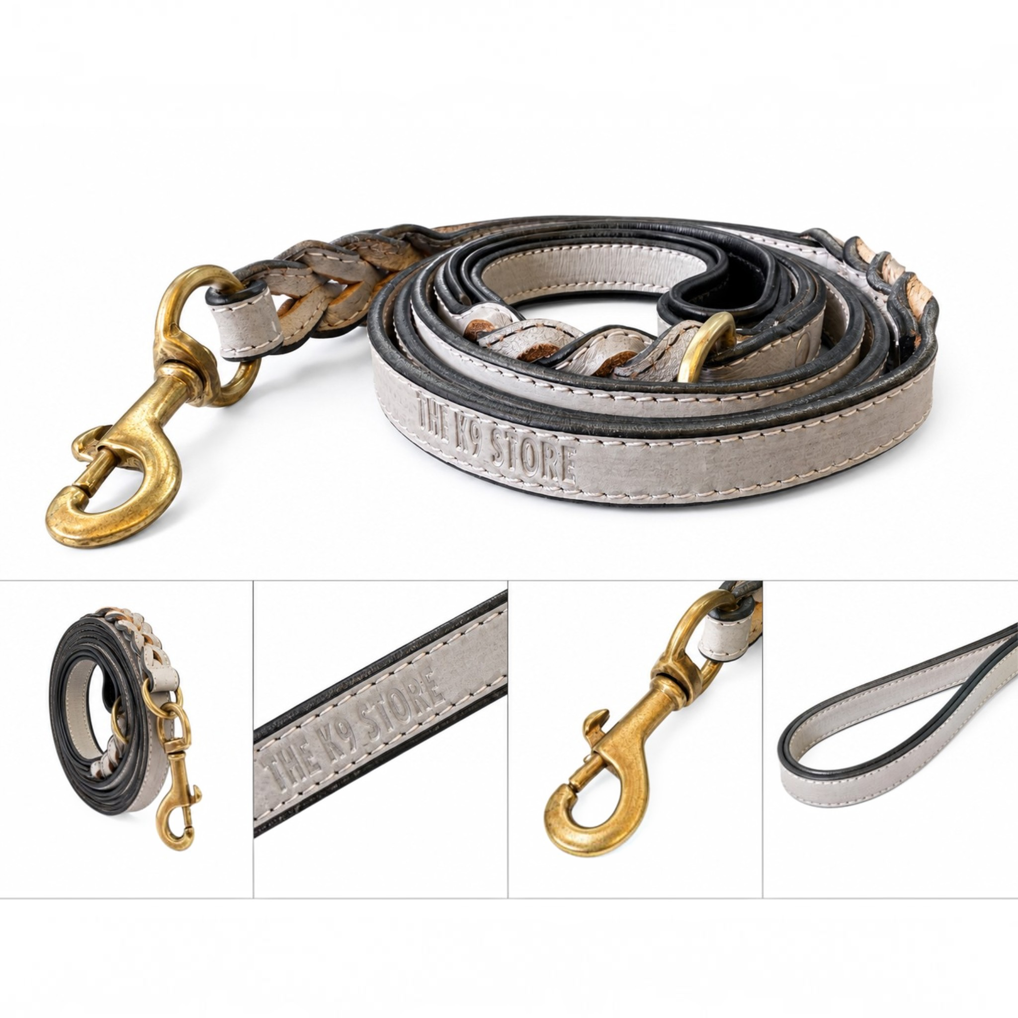 Genuine Leather Dog Leash | Braided Handcrafted Design | Solid Brass Hardware | Soft Cushioned Handle | 6 Feet | Grey