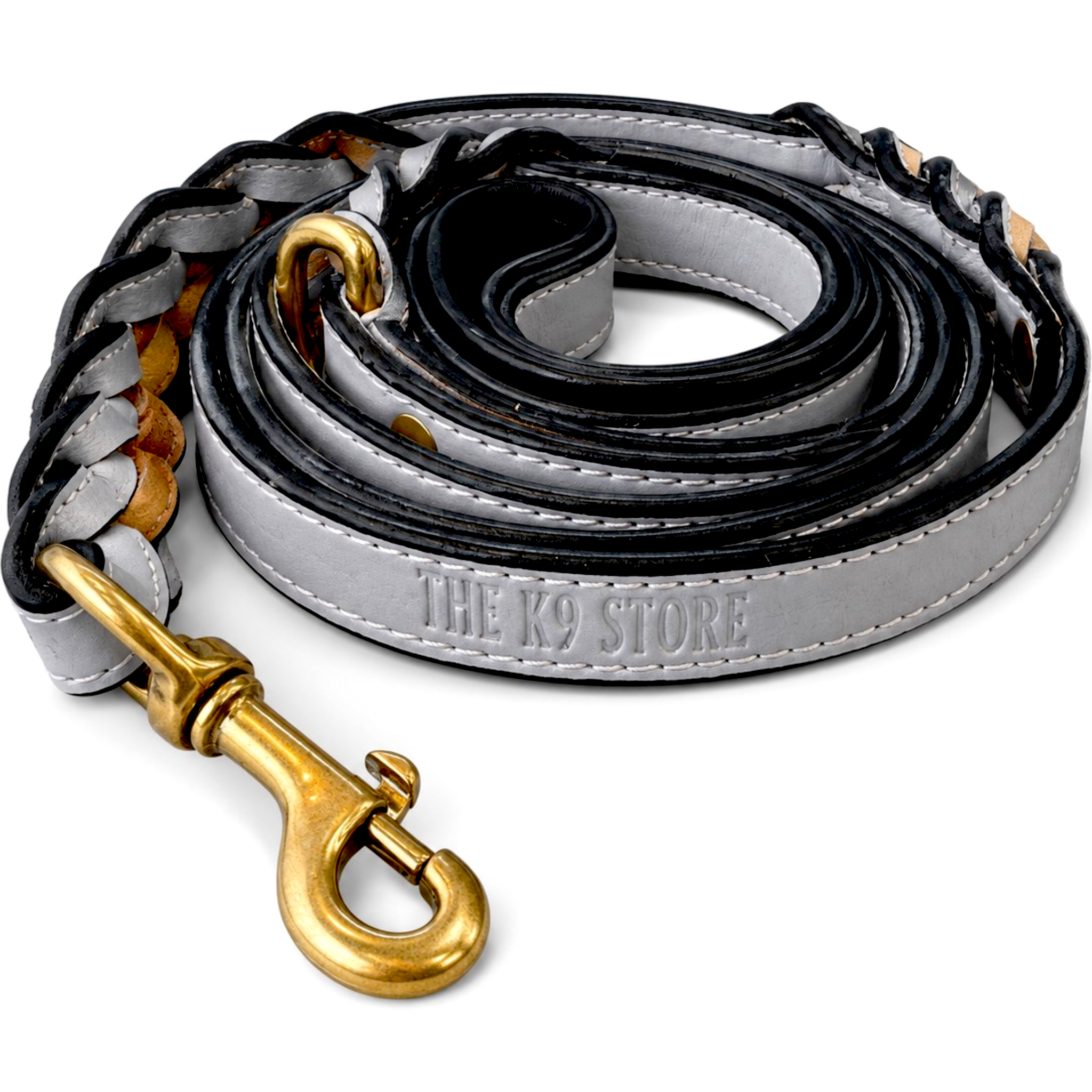 Genuine Leather Dog Leash | Braided Handcrafted Design | Solid Brass Hardware | Soft Cushioned Handle | 6 Feet | Grey