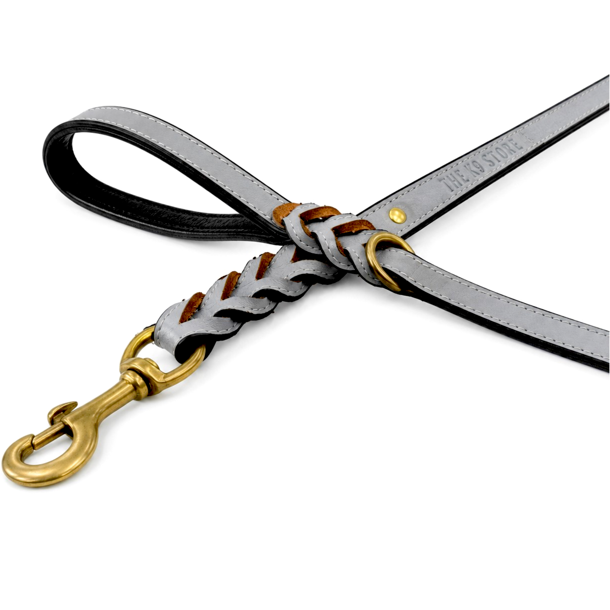 Genuine Leather Dog Leash | Braided Handcrafted Design | Solid Brass Hardware | Soft Cushioned Handle | 6 Feet | Grey