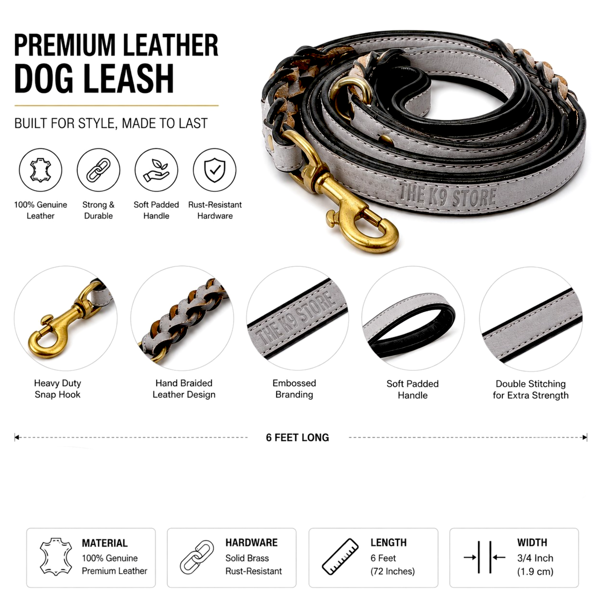 Genuine Leather Dog Leash | Braided Handcrafted Design | Solid Brass Hardware | Soft Cushioned Handle | 6 Feet | Grey