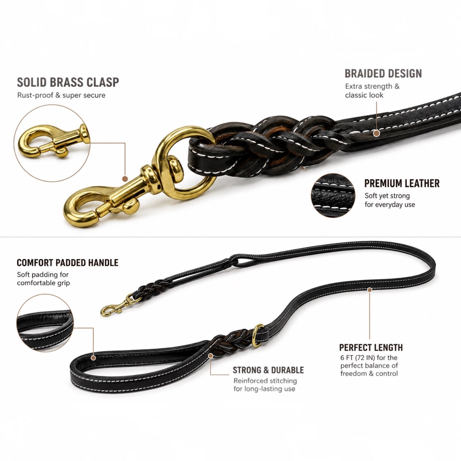 Premium Handmade Leather Dog Leash | Braided Design | Solid Brass Hardware | Cushioned Handle | 6 Feet | Black