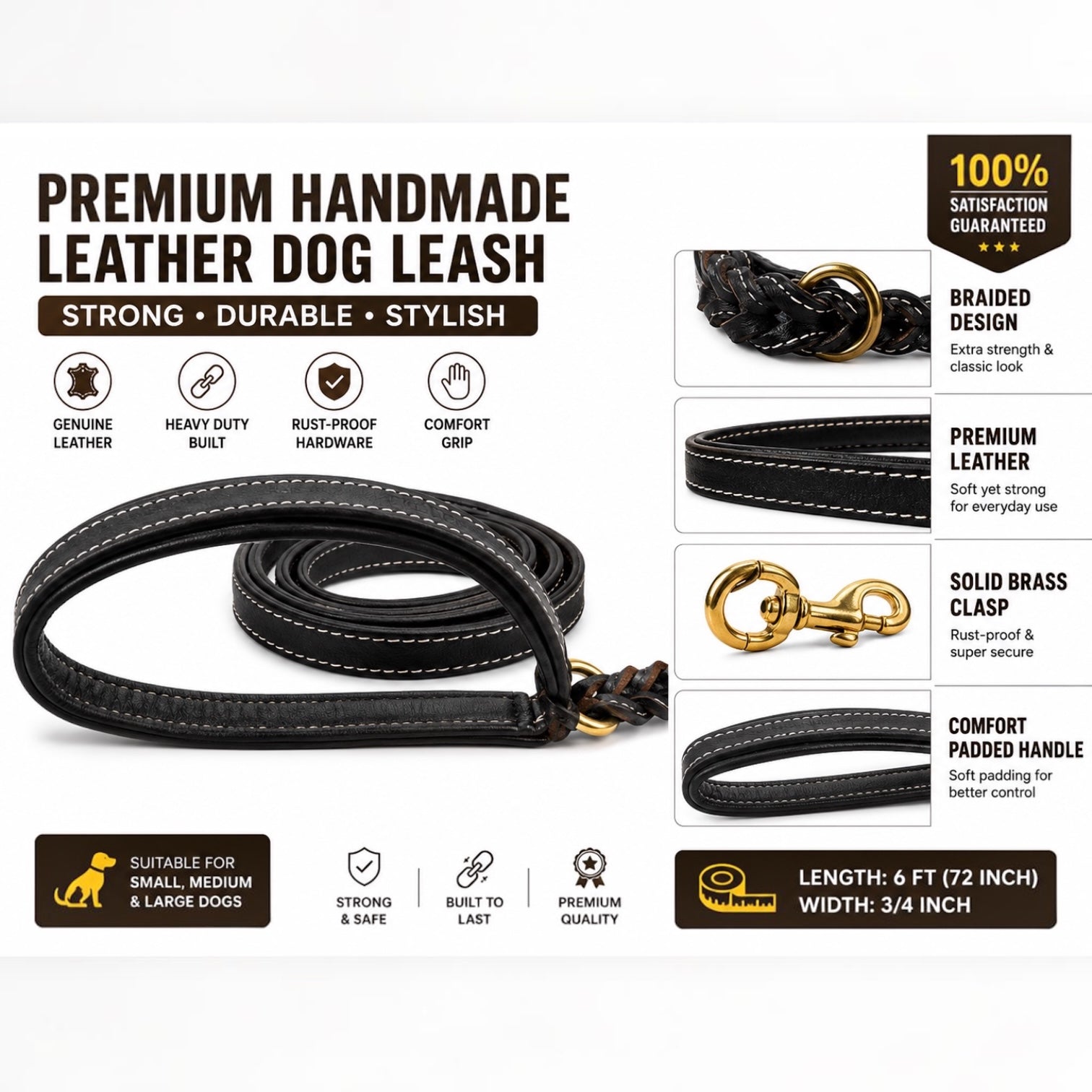 Premium Handmade Leather Dog Leash | Braided Design | Solid Brass Hardware | Cushioned Handle | 6 Feet | Black