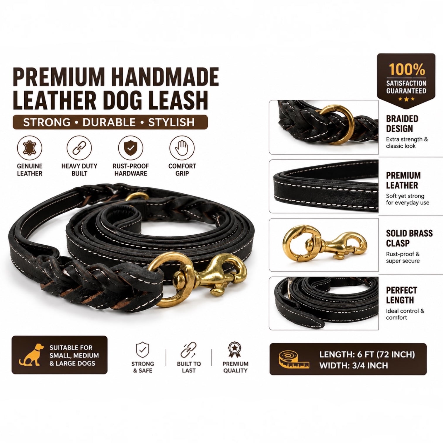 Premium Handmade Leather Dog Leash | Braided Design | Solid Brass Hardware | Cushioned Handle | 6 Feet | Black