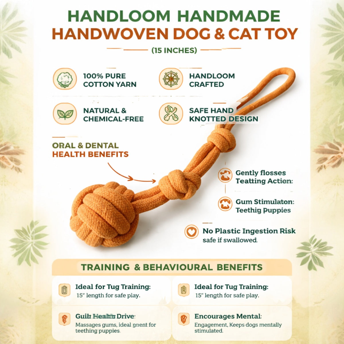 Handloom Handmade Cotton Dog & Cat Toy – 100% Pure Cotton, Safe, Durable, 15 Inches, Perfect for Tug and Teething