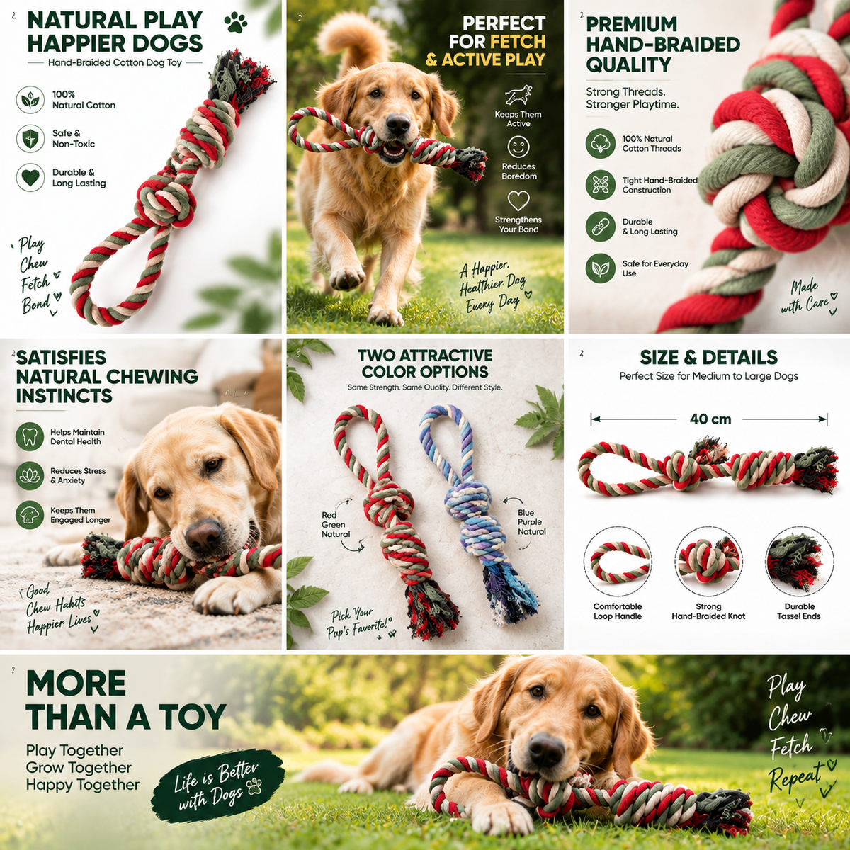 Hand-Braided Cotton Rope Dog Toy | Tug & Fetch Chew Toy | Durable Knotted Rope | 15 Inch | Set of 1 or 2
