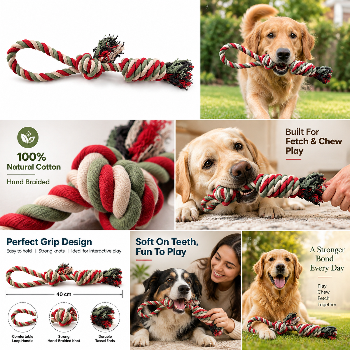 Hand-Braided Cotton Rope Dog Toy | Tug & Fetch Chew Toy | Durable Knotted Rope | 15 Inch | Set of 1 or 2