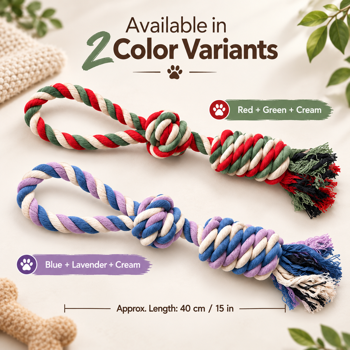 Hand-Braided Cotton Rope Dog Toy | Tug & Fetch Chew Toy | Durable Knotted Rope | 15 Inch | Set of 1 or 2