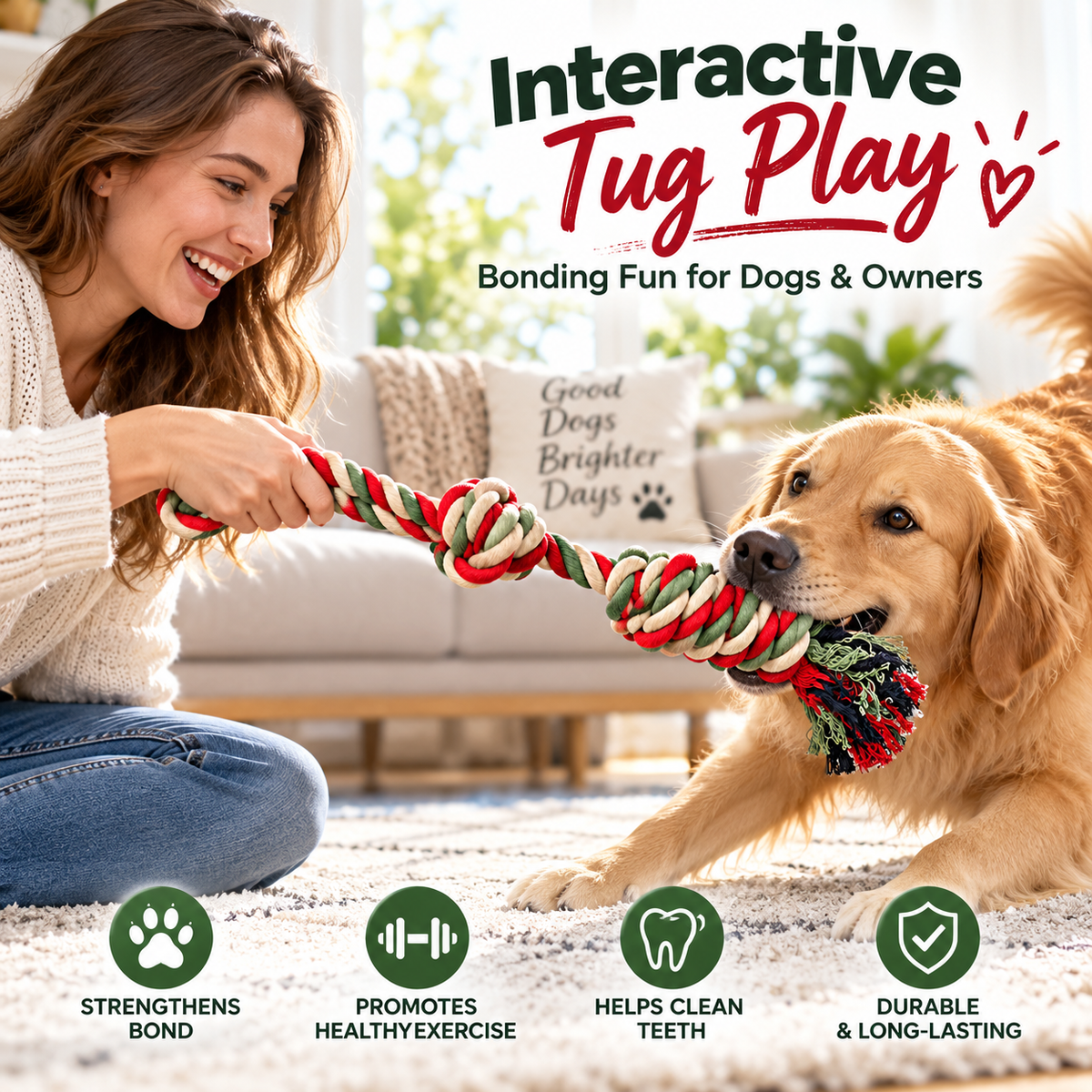 Hand-Braided Cotton Rope Dog Toy | Tug & Fetch Chew Toy | Durable Knotted Rope | 15 Inch | Set of 1 or 2