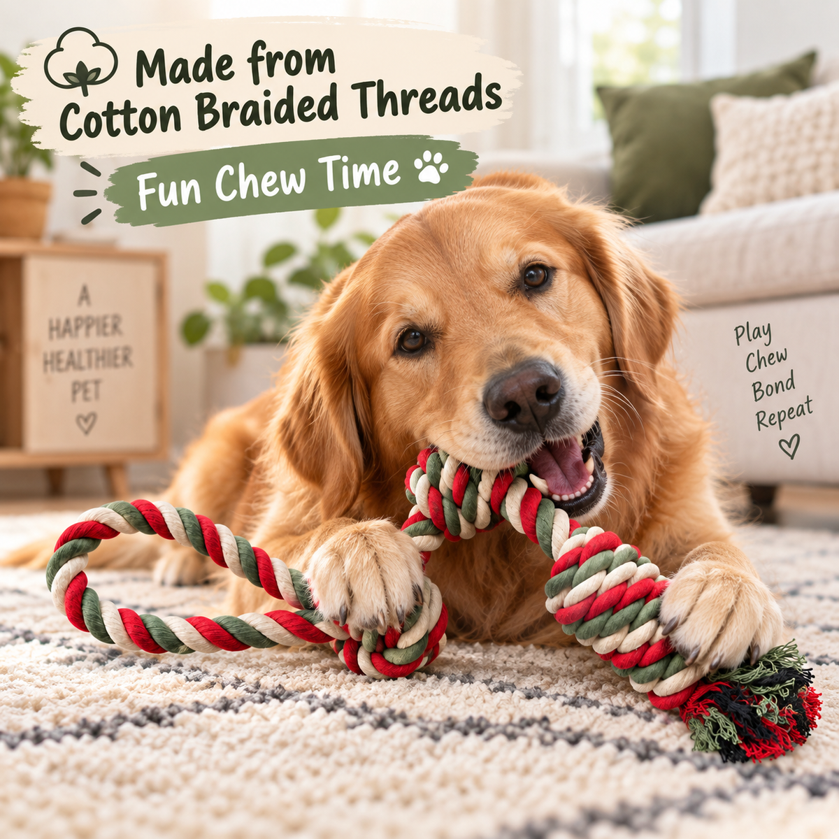 Hand-Braided Cotton Rope Dog Toy | Tug & Fetch Chew Toy | Durable Knotted Rope | 15 Inch | Set of 1 or 2
