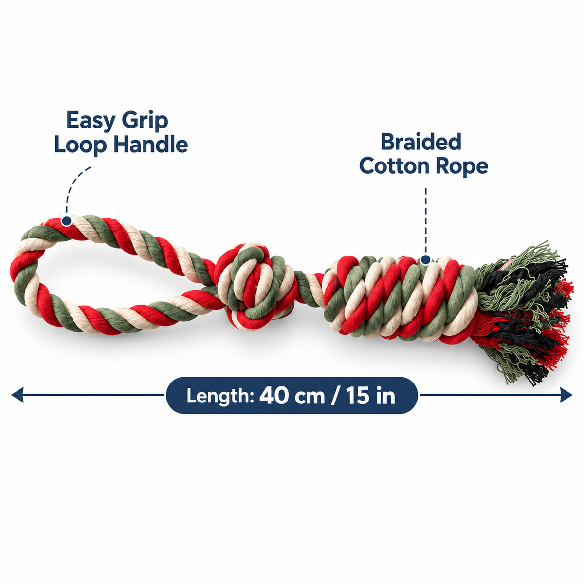 Hand-Braided Cotton Rope Dog Toy | Tug & Fetch Chew Toy | Durable Knotted Rope | 15 Inch | Set of 1 or 2