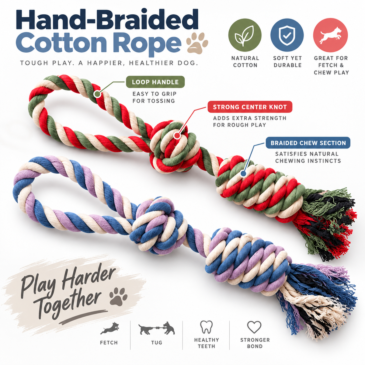 Hand-Braided Cotton Rope Dog Toy | Tug & Fetch Chew Toy | Durable Knotted Rope | 15 Inch | Set of 1 or 2