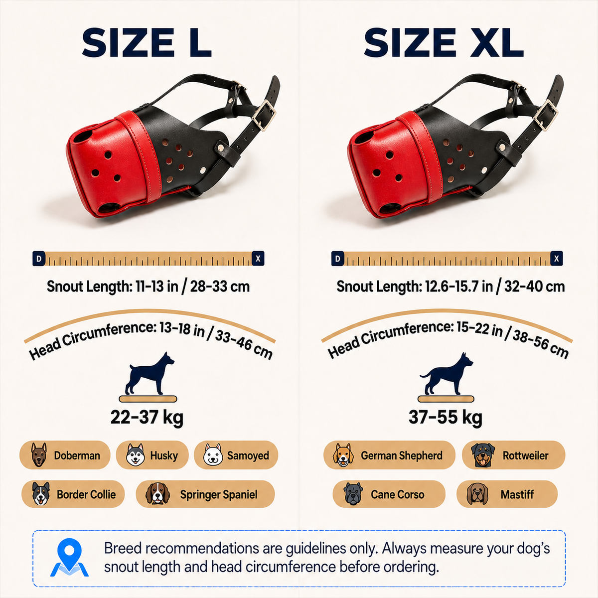 The K9 Store Handcrafted Black & Red Dual Leather Dog Muzzle | Full-Grain | Ventilated | Soft Inner Lining | Nickel Buckle & Rivets | L & XL | 6 Month Warranty | The K9 Store