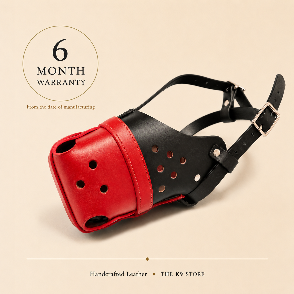 The K9 Store Handcrafted Black & Red Dual Leather Dog Muzzle | Full-Grain | Ventilated | Soft Inner Lining | Nickel Buckle & Rivets | L & XL | 6 Month Warranty | The K9 Store