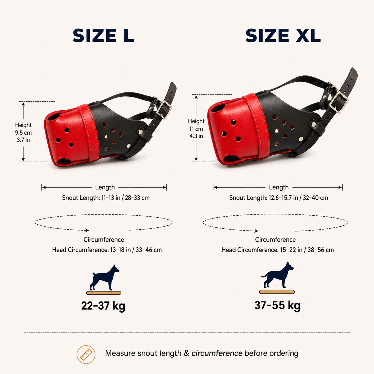 The K9 Store Handcrafted Black & Red Dual Leather Dog Muzzle | Full-Grain | Ventilated | Soft Inner Lining | Nickel Buckle & Rivets | L & XL | 6 Month Warranty | The K9 Store
