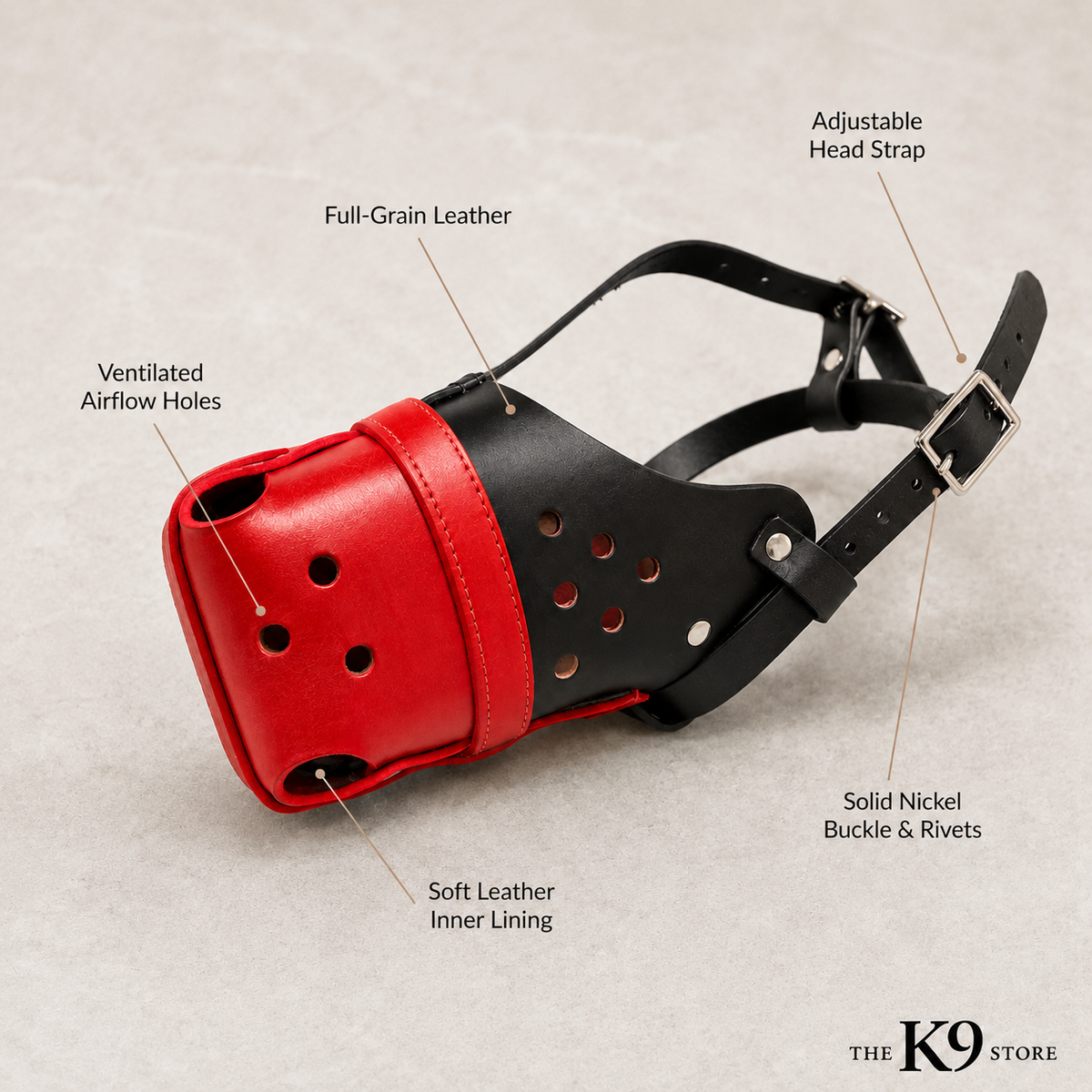 The K9 Store Handcrafted Black & Red Dual Leather Dog Muzzle | Full-Grain | Ventilated | Soft Inner Lining | Nickel Buckle & Rivets | L & XL | 6 Month Warranty | The K9 Store