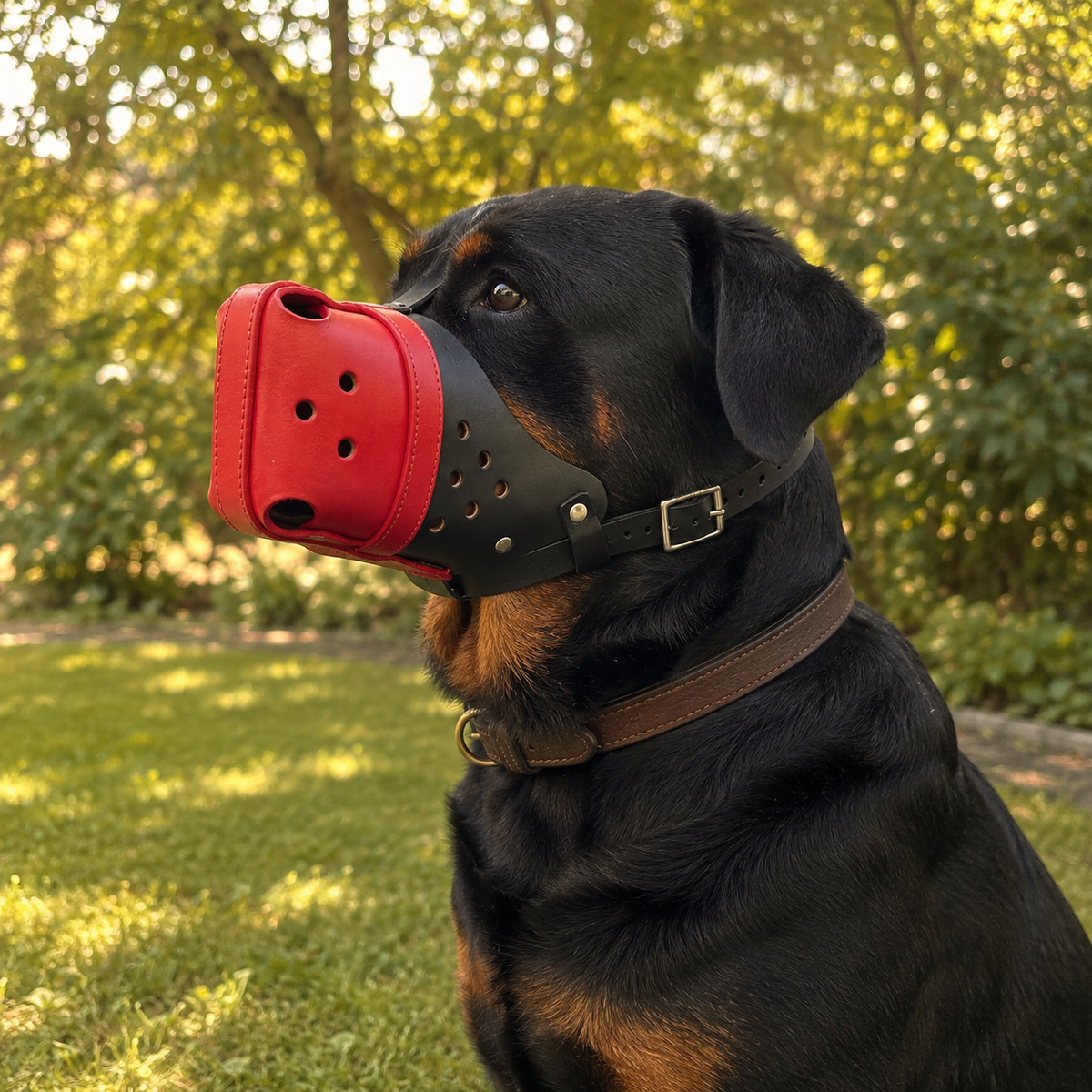 The K9 Store Handcrafted Black & Red Dual Leather Dog Muzzle | Full-Grain | Ventilated | Soft Inner Lining | Nickel Buckle & Rivets | L & XL | 6 Month Warranty | The K9 Store
