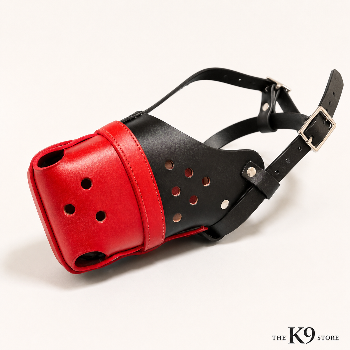 The K9 Store Handcrafted Black & Red Dual Leather Dog Muzzle | Full-Grain | Ventilated | Soft Inner Lining | Nickel Buckle & Rivets | L & XL | 6 Month Warranty | The K9 Store