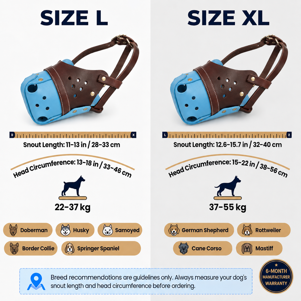The K9 Store Handcrafted Brown & Sky Blue Dual Leather Dog Muzzle | Full-Grain | Ventilated | Brass Rivets | Adjustable Strap | L & XL | 6 Month Warranty | The K9 Store